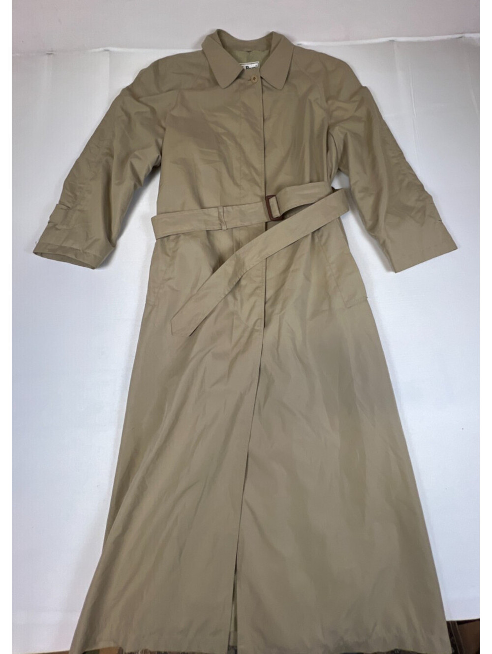 L.L. Bean Women M Vintage Long Trench Coat Tan Beige Belted Rain Jacket
